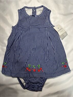 Carter’s Baby Girl Dress Romper 18M Blue Gingham Cherry Embroidered NWT 2011